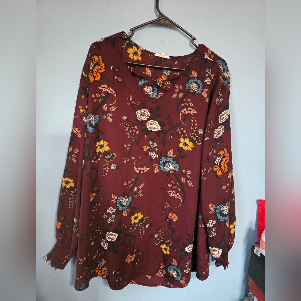 Maurice's Plus Size 2 Floral Burgundy Women's Top Cottagecore Garden Casual Y2K